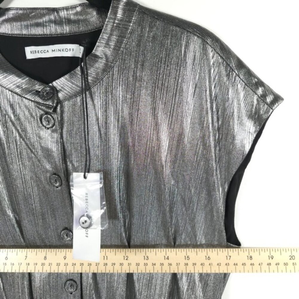 NWT REBECCA MINKOFF OLLIE Gray Silver GUNMETAL Shiny Button Mini Dress MEDIUM - Picture 11 of 16